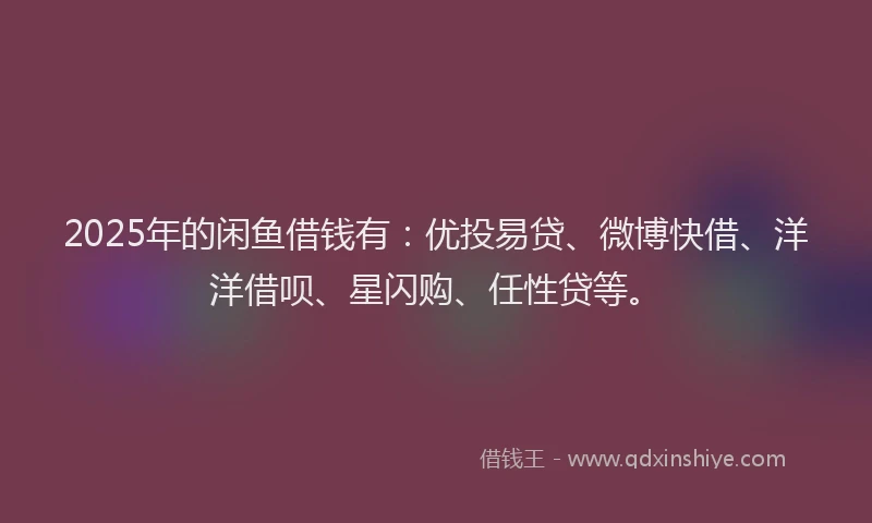 2025年的闲鱼借钱有：优投易贷、微博快借、洋洋借呗、星闪购、任性贷等。