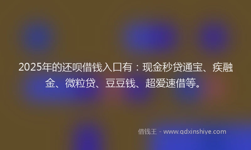 2025年的还呗借钱入口有：现金秒贷通宝、疾融金、微粒贷、豆豆钱、超爱速借等。