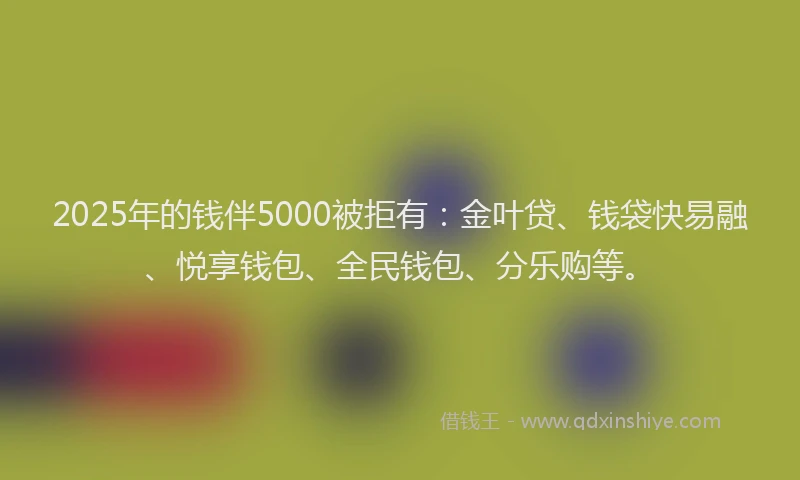 2025年的钱伴5000被拒有：金叶贷、钱袋快易融、悦享钱包、全民钱包、分乐购等。