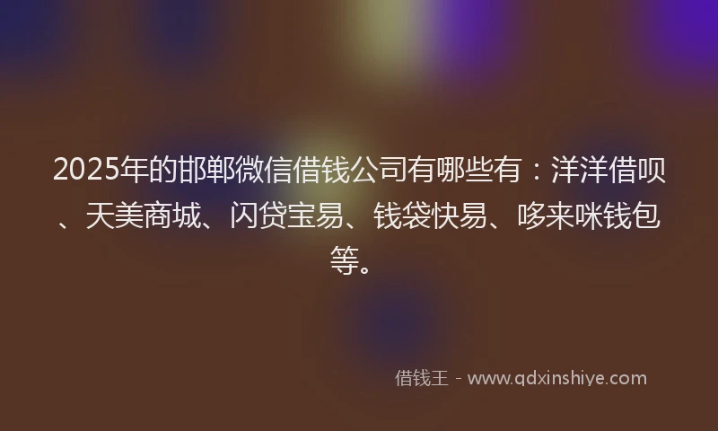 2025年的邯郸微信借钱公司有哪些有：洋洋借呗、天美商城、闪贷宝易、钱袋快易、哆来咪钱包等。
