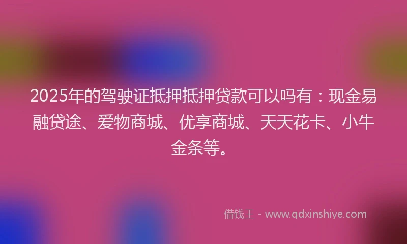 2025年的驾驶证抵押抵押贷款可以吗有：现金易融贷途、爱物商城、优享商城、天天花卡、小牛金条等。
