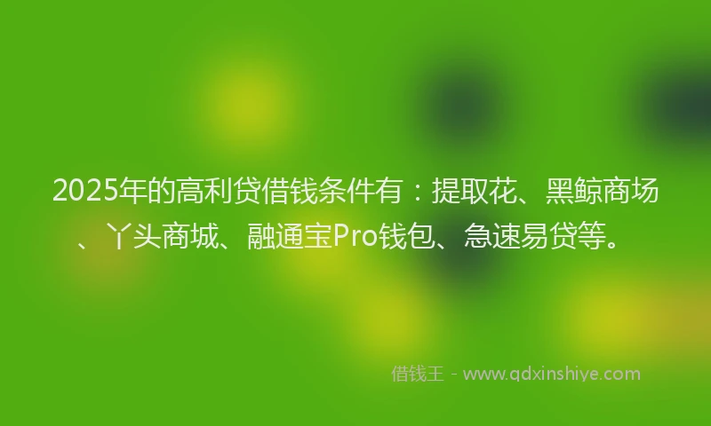 2025年的高利贷借钱条件有：提取花、黑鲸商场、丫头商城、融通宝Pro钱包、急速易贷等。