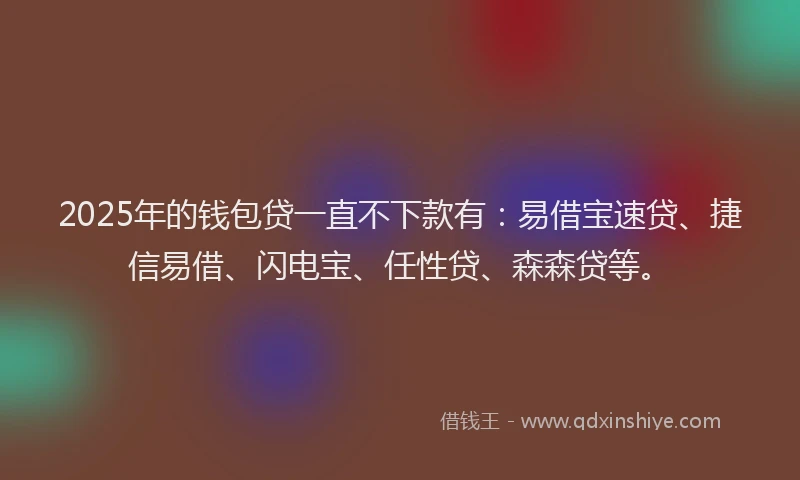2025年的钱包贷一直不下款有：易借宝速贷、捷信易借、闪电宝、任性贷、森森贷等。