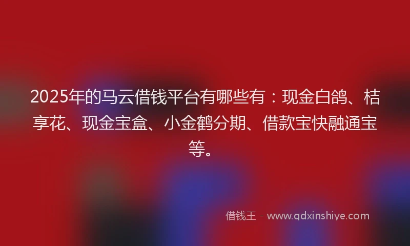 2025年的马云借钱平台有哪些有：现金白鸽、桔享花、现金宝盒、小金鹤分期、借款宝快融通宝等。