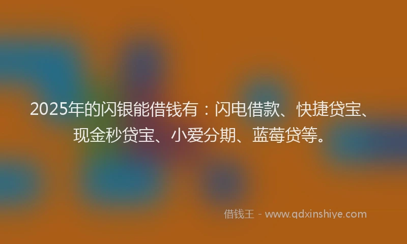 2025年的闪银能借钱有:闪电借款、快捷贷宝、现金秒贷宝、小爱分期、蓝莓贷等。