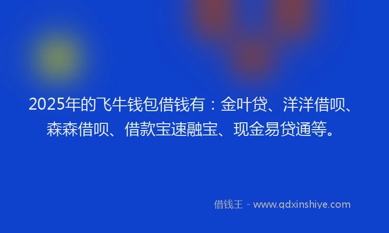 2025年的飞牛钱包借钱有：金叶贷、洋洋借呗、森森借呗、借款宝速融宝、现金易贷通等。