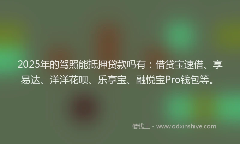 2025年的驾照能抵押贷款吗有：借贷宝速借、享易达、洋洋花呗、乐享宝、融悦宝Pro钱包等。