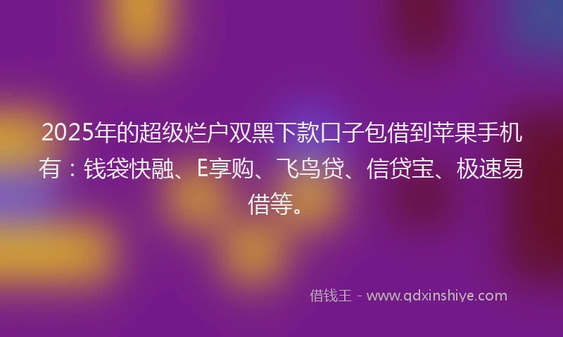 2025年的超级烂户双黑下款口子包借到苹果手机有：钱袋快融、E享购、飞鸟贷、信贷宝、极速易借等。