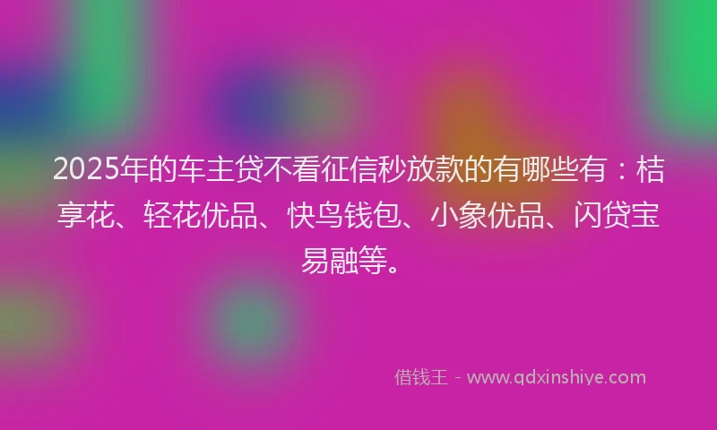 2025年的车主贷不看征信秒放款的有哪些有：桔享花、轻花优品、快鸟钱包、小象优品、闪贷宝易融等。