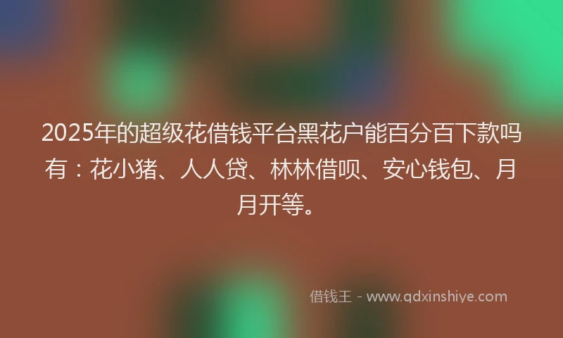 2025年的超级花借钱平台黑花户能百分百下款吗有：花小猪、人人贷、林林借呗、安心钱包、月月开等。
