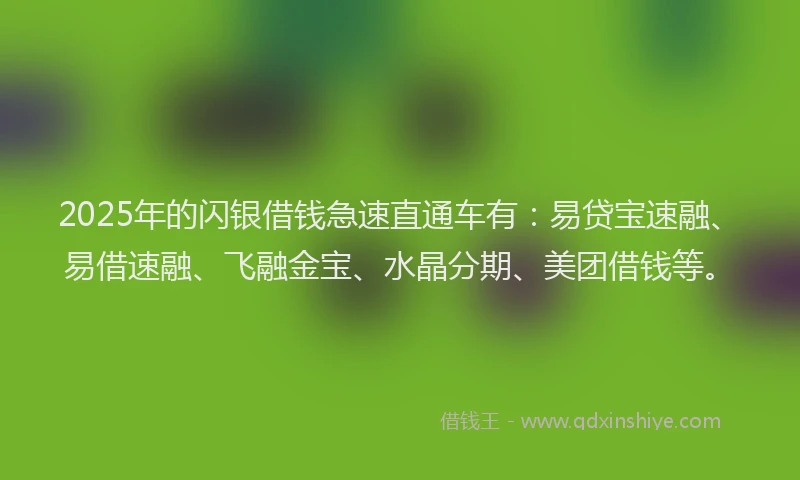 2025年的闪银借钱急速直通车有:易贷宝速融、易借速融、飞融金宝、水晶分期、美团借钱等。