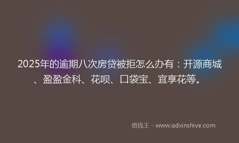 2025年的逾期八次房贷被拒怎么办有：开源商城、盈盈金科、花呗、口袋宝、宜享花等。