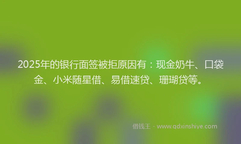 2025年的银行面签被拒原因有：现金奶牛、口袋金、小米随星借、易借速贷、珊瑚贷等。