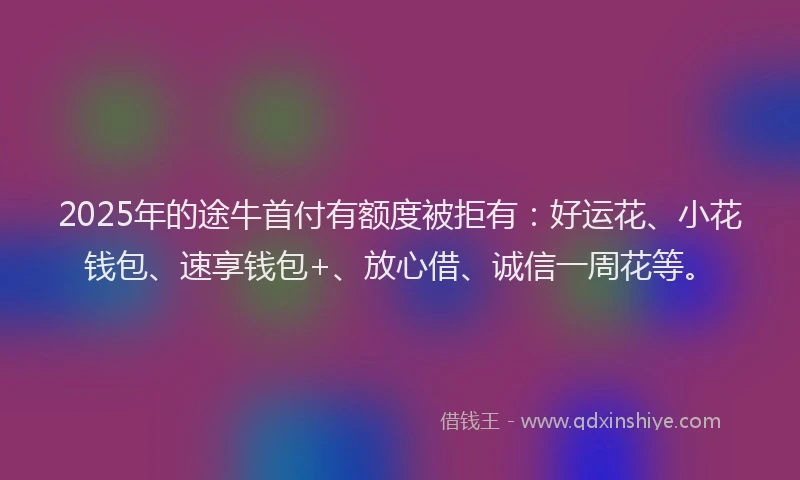 2025年的途牛首付有额度被拒有：好运花、小花钱包、速享钱包+、放心借、诚信一周花等。