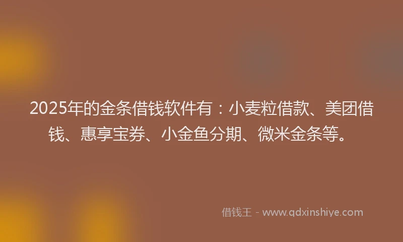2025年的金条借钱软件有：小麦粒借款、美团借钱、惠享宝券、小金鱼分期、微米金条等。