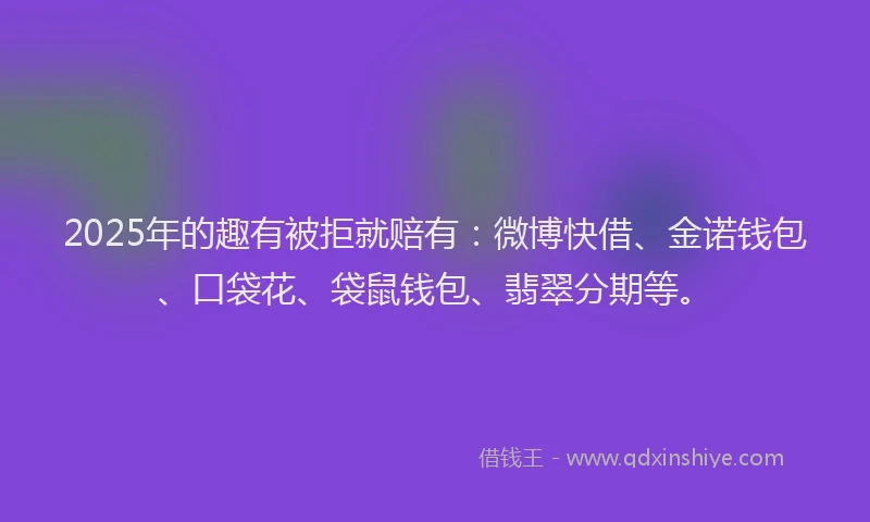 2025年的趣有被拒就赔有：微博快借、金诺钱包、口袋花、袋鼠钱包、翡翠分期等。