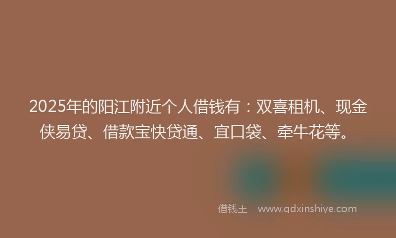 2025年的阳江附近个人借钱有：双喜租机、现金侠易贷、借款宝快贷通、宜口袋、牵牛花等。