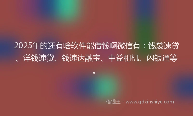 2025年的还有啥软件能借钱啊微信有：钱袋速贷、洋钱速贷、钱速达融宝、中益租机、闪银通等。