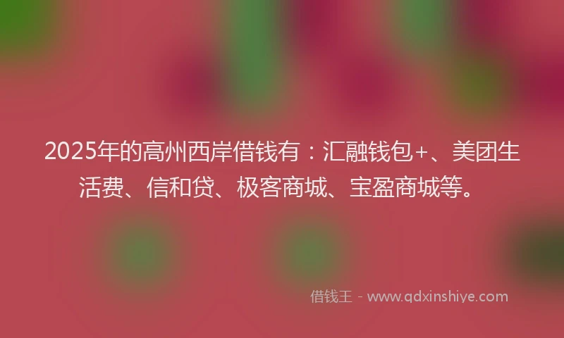 2025年的高州西岸借钱有：汇融钱包+、美团生活费、信和贷、极客商城、宝盈商城等。