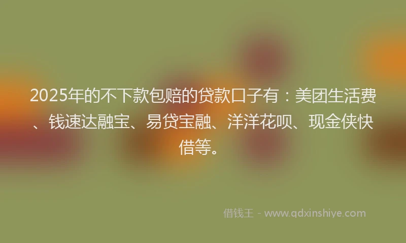 2025年的不下款包赔的贷款口子有：美团生活费、钱速达融宝、易贷宝融、洋洋花呗、现金侠快借等。