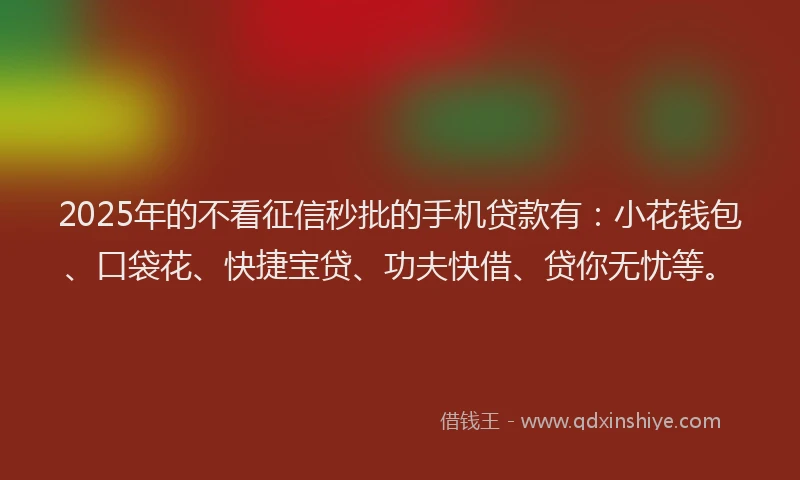 2025年的不看征信秒批的手机贷款有：小花钱包、口袋花、快捷宝贷、功夫快借、贷你无忧等。
