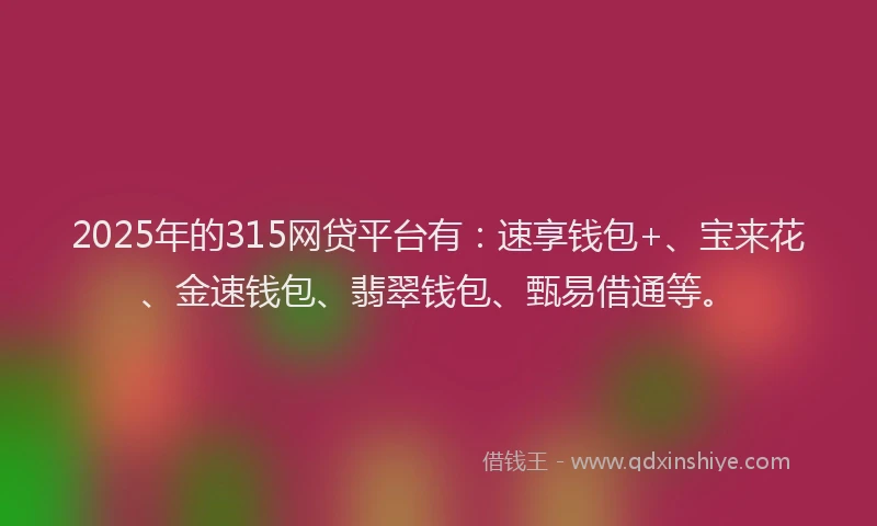 2025年的315网贷平台有：速享钱包+、宝来花、金速钱包、翡翠钱包、甄易借通等。
