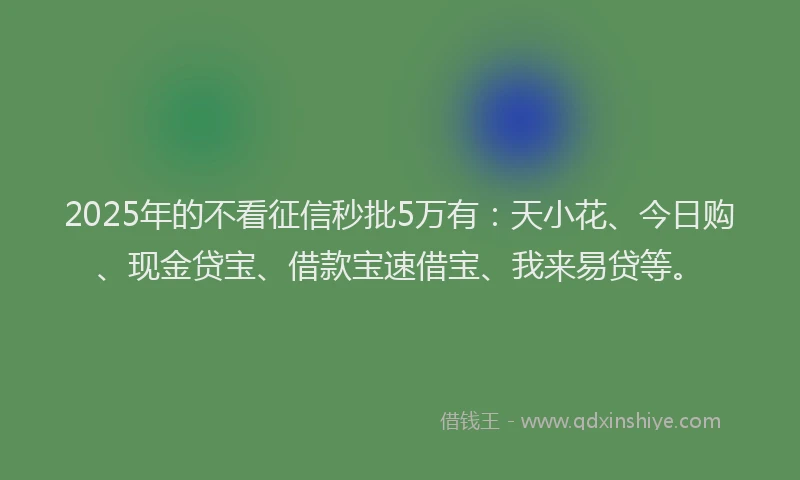 2025年的不看征信秒批5万有：天小花、今日购、现金贷宝、借款宝速借宝、我来易贷等。