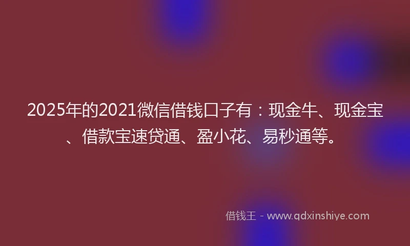 2025年的2021微信借钱口子有：现金牛、现金宝、借款宝速贷通、盈小花、易秒通等。