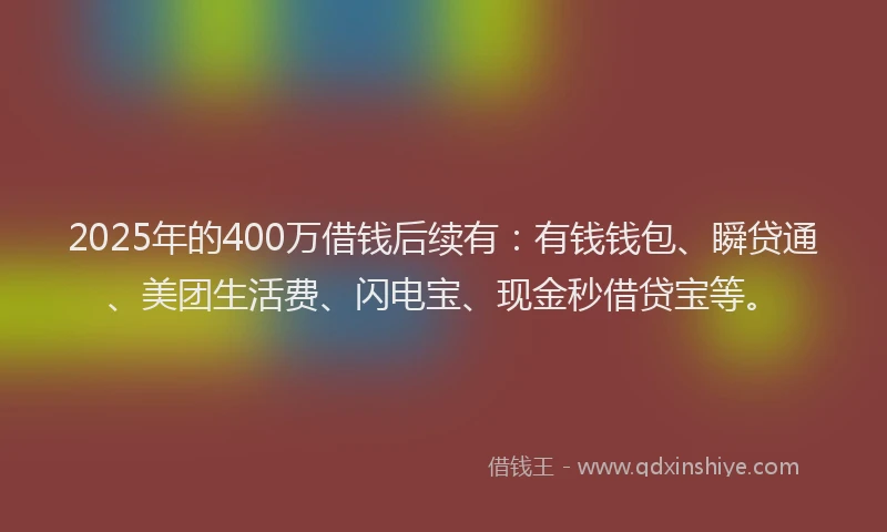 2025年的400万借钱后续有：有钱钱包、瞬贷通、美团生活费、闪电宝、现金秒借贷宝等。