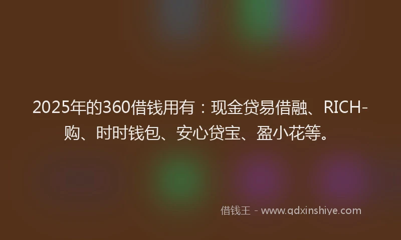 2025年的360借钱用有：现金贷易借融、RICH-购、时时钱包、安心贷宝、盈小花等。