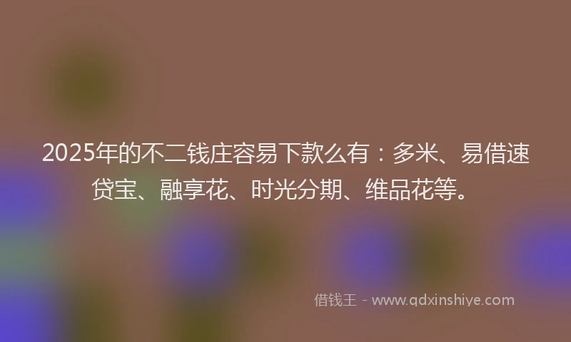 2025年的不二钱庄容易下款么有：多米、易借速贷宝、融享花、时光分期、维品花等。
