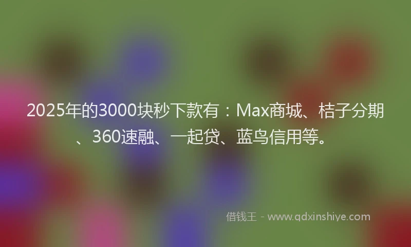 2025年的3000块秒下款有：Max商城、桔子分期、360速融、一起贷、蓝鸟信用等。