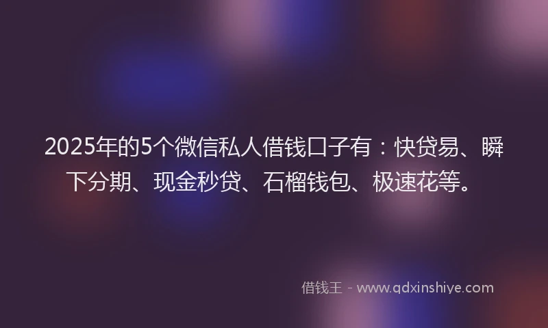 2025年的5个微信私人借钱口子有：快贷易、瞬下分期、现金秒贷、石榴钱包、极速花等。