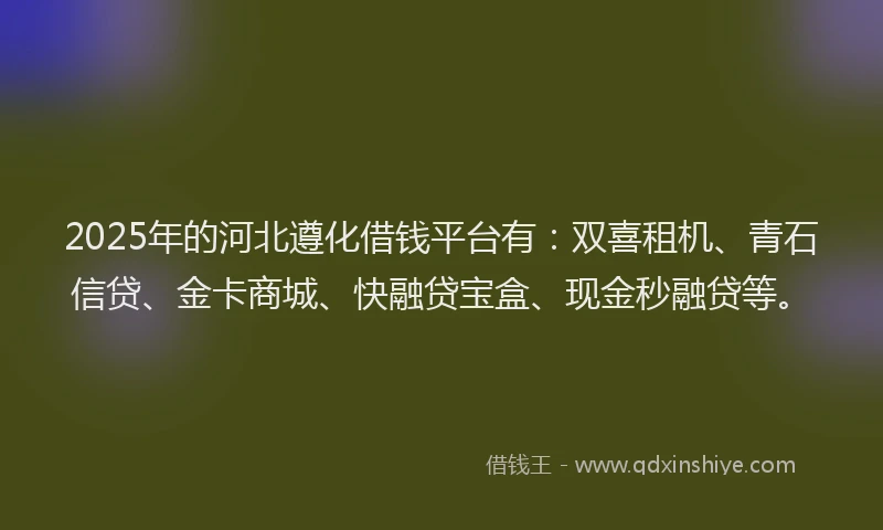 2025年的河北遵化借钱平台有：双喜租机、青石信贷、金卡商城、快融贷宝盒、现金秒融贷等。