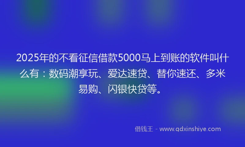 2025年的不看征信借款5000马上到账的软件叫什么有：数码潮享玩、爱达速贷、替你速还、多米易购、闪银快贷等。