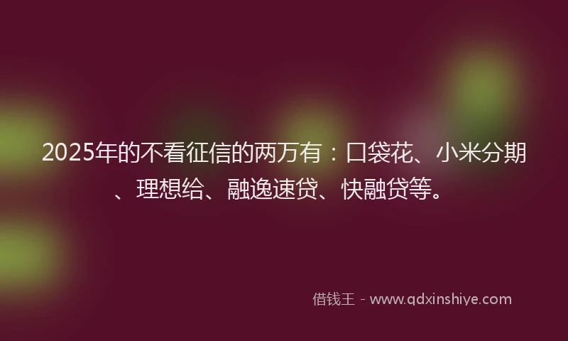 2025年的不看征信的两万有：口袋花、小米分期、理想给、融逸速贷、快融贷等。
