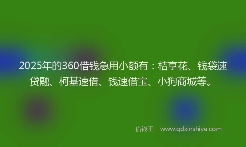 2025年的360借钱急用小额有：桔享花、钱袋速贷融、柯基速借、钱速借宝、小狗商城等。