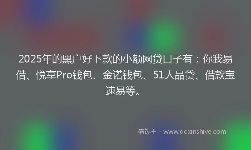 2025年的黑户好下款的小额网贷口子有：你我易借、悦享Pro钱包、金诺钱包、51人品贷、借款宝速易等。