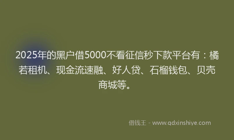 2025年的黑户借5000不看征信秒下款平台有：橘若租机、现金流速融、好人贷、石榴钱包、贝壳商城等。