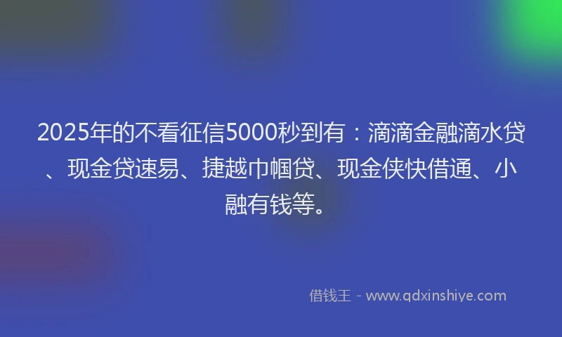 2025年的不看征信5000秒到有：滴滴金融滴水贷、现金贷速易、捷越巾帼贷、现金侠快借通、小融有钱等。