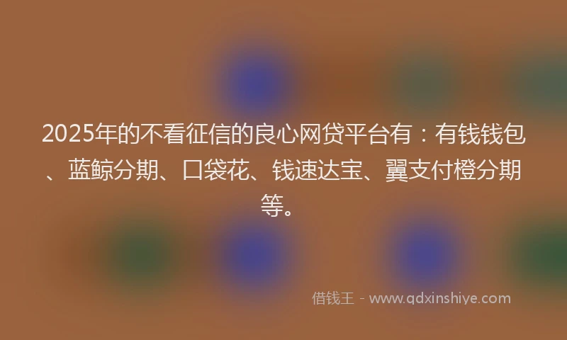 2025年的不看征信的良心网贷平台有：有钱钱包、蓝鲸分期、口袋花、钱速达宝、翼支付橙分期等。