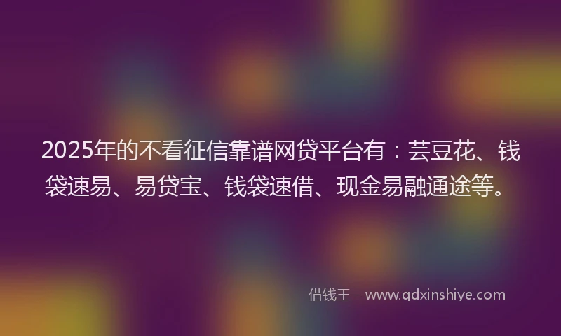 2025年的不看征信靠谱网贷平台有：芸豆花、钱袋速易、易贷宝、钱袋速借、现金易融通途等。