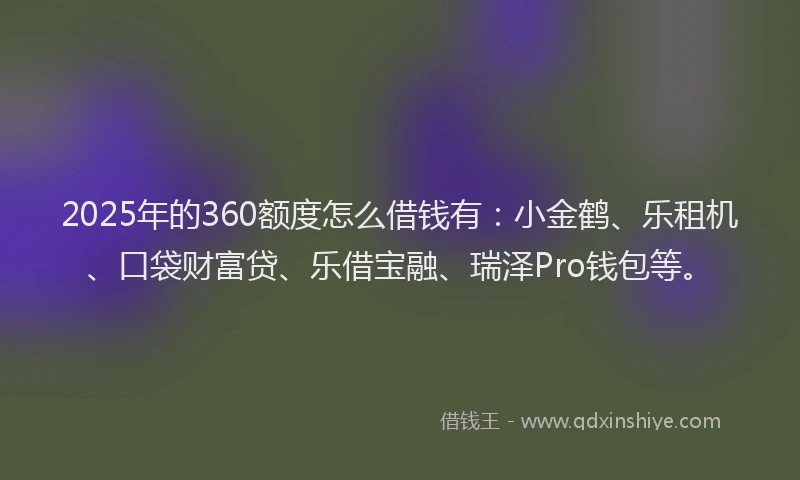 2025年的360额度怎么借钱有：小金鹤、乐租机、口袋财富贷、乐借宝融、瑞泽Pro钱包等。