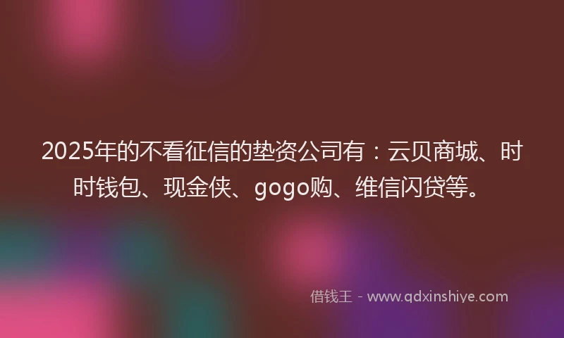 2025年的不看征信的垫资公司有：云贝商城、时时钱包、现金侠、gogo购、维信闪贷等。