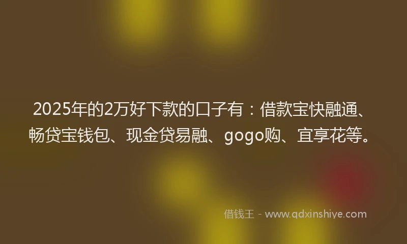 2025年的2万好下款的口子有：借款宝快融通、畅贷宝钱包、现金贷易融、gogo购、宜享花等。