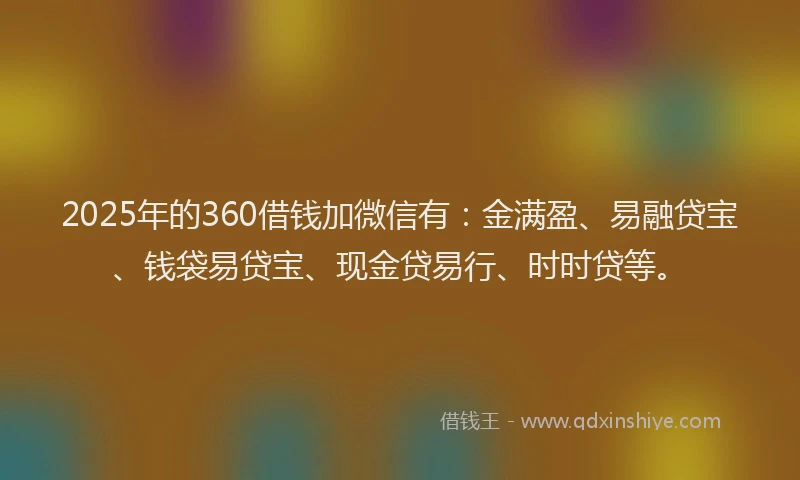 2025年的360借钱加微信有：金满盈、易融贷宝、钱袋易贷宝、现金贷易行、时时贷等。