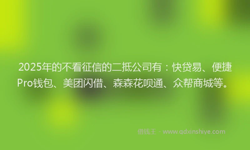 2025年的不看征信的二抵公司有：快贷易、便捷Pro钱包、美团闪借、森森花呗通、众帮商城等。