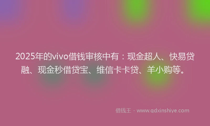 2025年的vivo借钱审核中有：现金超人、快易贷融、现金秒借贷宝、维信卡卡贷、羊小购等。