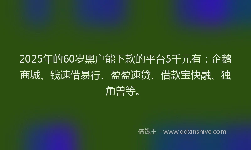 2025年的60岁黑户能下款的平台5千元有：企鹅商城、钱速借易行、盈盈速贷、借款宝快融、独角兽等。