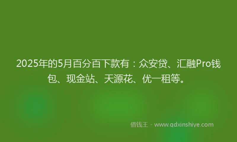 2025年的5月百分百下款有：众安贷、汇融Pro钱包、现金站、天源花、优一租等。
